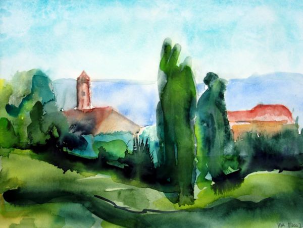 Landschaft mit Pappel - Aquarell auf Leinwand, gerahmt